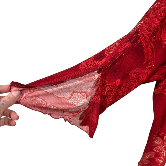 Vintage Fashion Bug Top Blouse Red 90s Y2K 3/4 Sleeves XL Fairycore Glitter - Picture 4 of 7